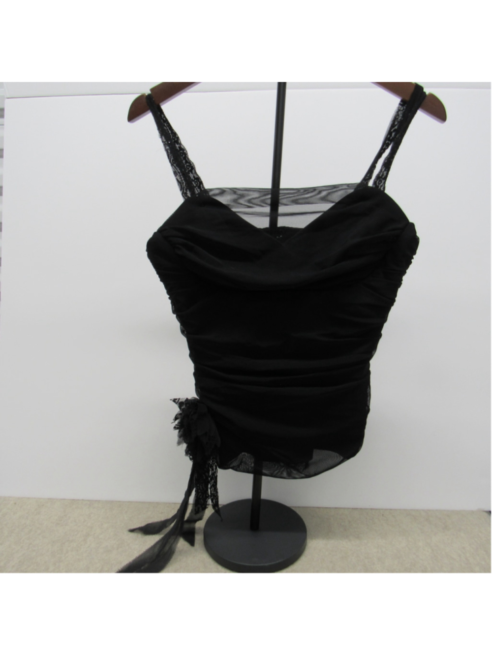 NWT VTG Cache Y2K Black Mesh Ruched Corset Top Lace Floral Rosette Bustier Large